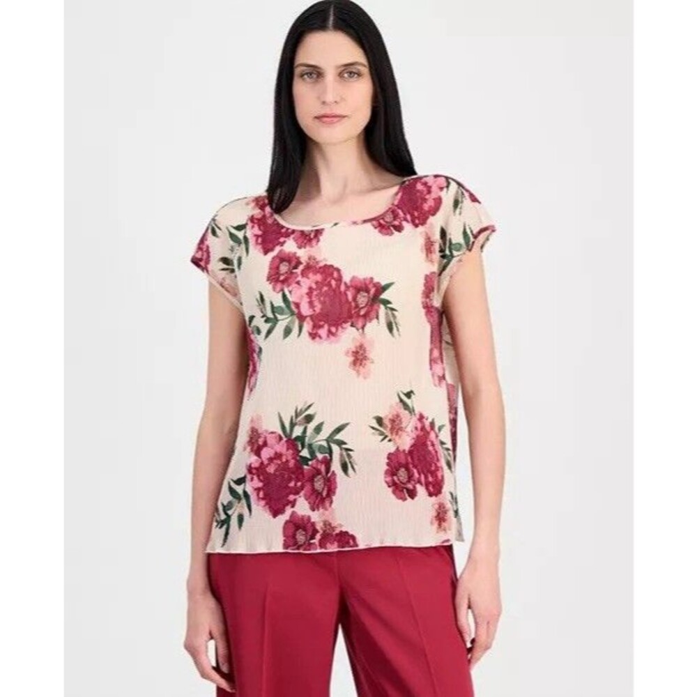 Tahari ASL Floral Print Plisse Pleated Top Sand Berry Red Cream Size M